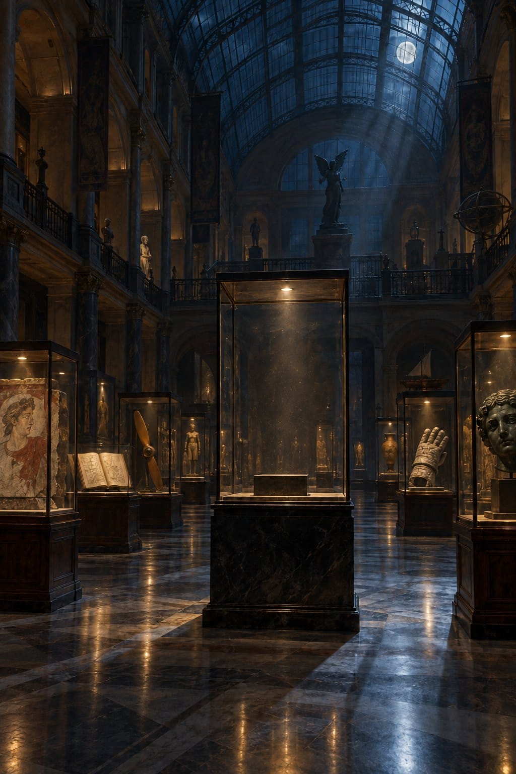 A nineteenth-century museum hall at night; in a lit case, a golden mask dissolves into gold.