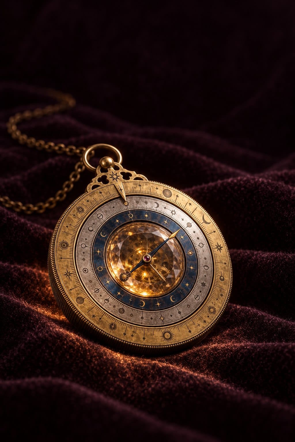 The Meridian, a palm-sized brass-and-crystal astrolabe-compass, its crystal glowing amber on dark cloth.