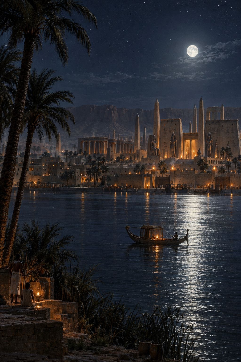 Thebes at night: lamplit houses under a thin moon.