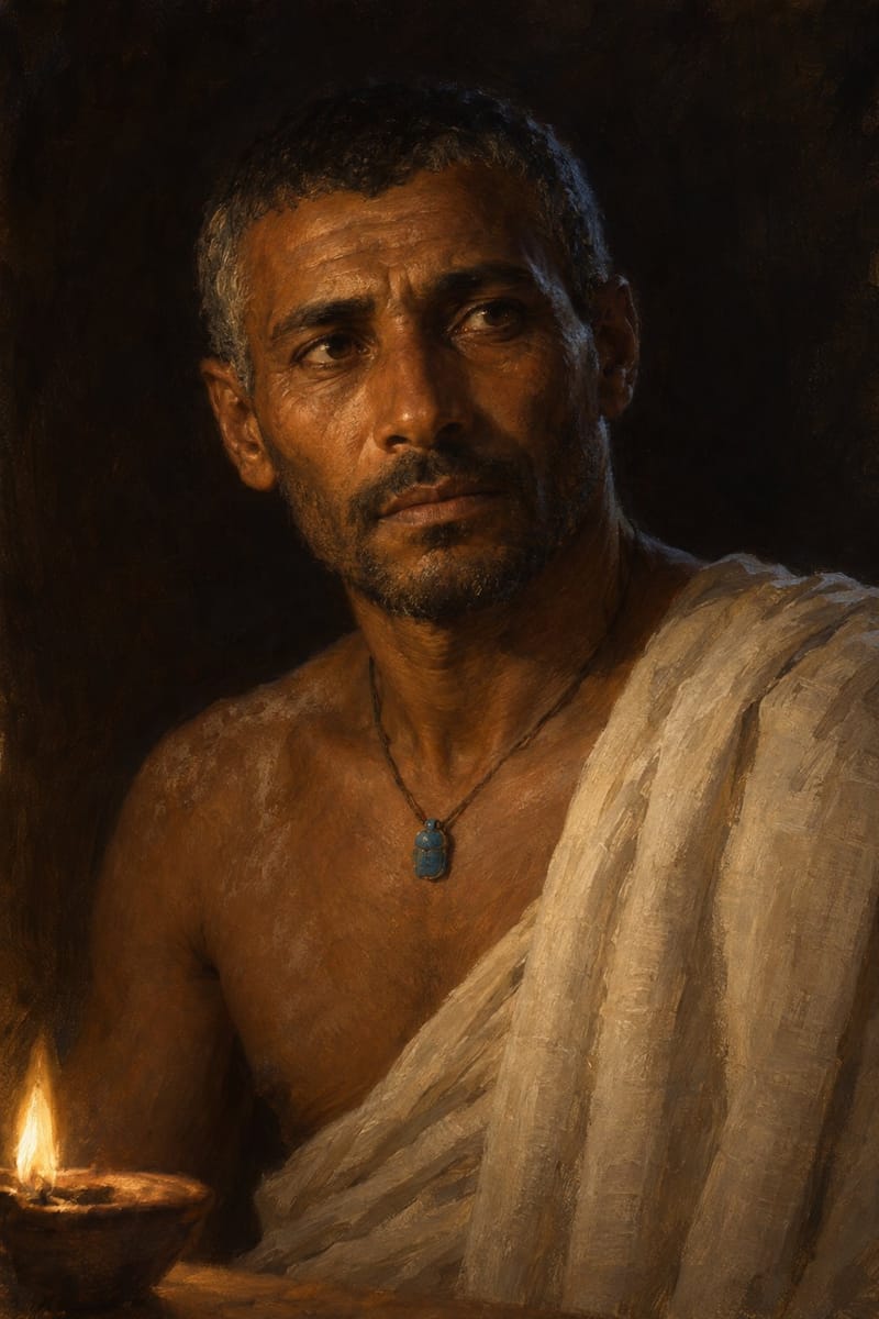 Senu, a stonecutter, by lamplight.